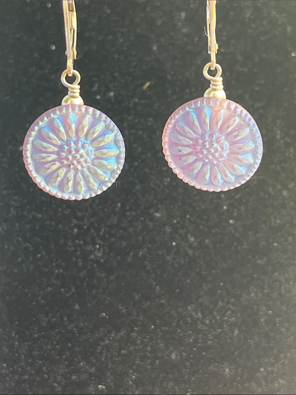 Pink Iridescent Floral Carved Buttons Earrings 18mm - Picture 4 of 12